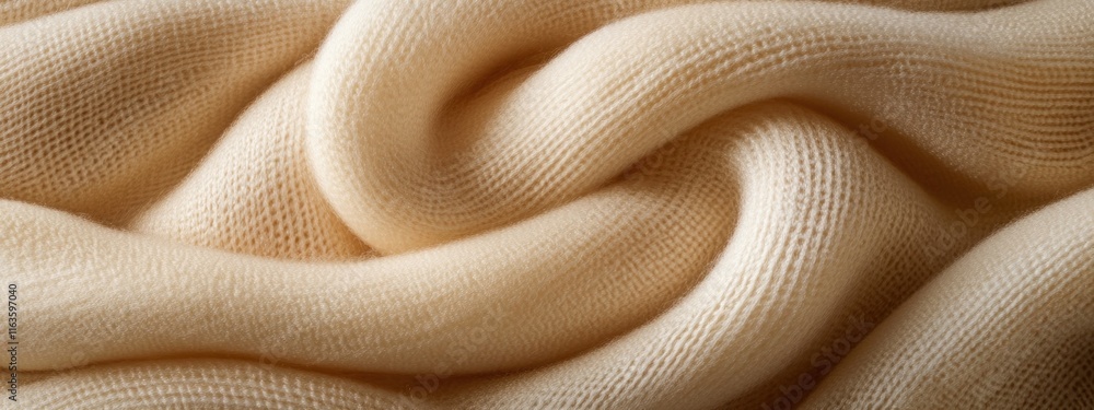 Poster soft, cream-colored knitted fabric texture with gentle folds and waves, showcasing its smooth surfac