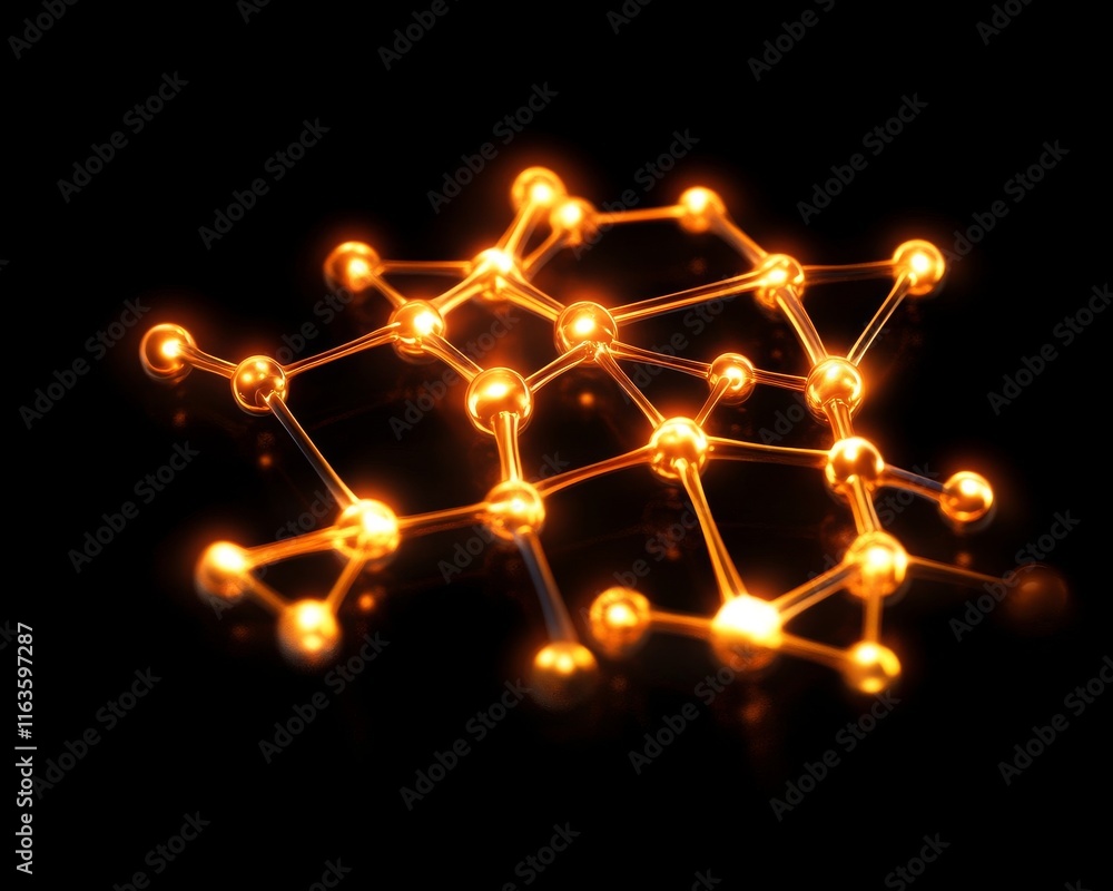 Poster abstract representation of a molecular structure with glowing nodes on a black background, symbolizi