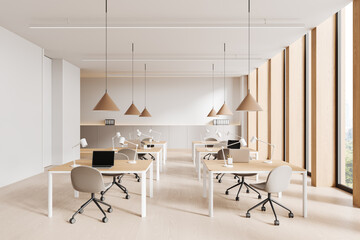Modern coworking office interior with wooden desks, chairs, and natural light from large windows in a minimalist open space concept. 3D Rendering