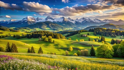 Obraz premium Scenic Aerial View of Rolling Hills with Blooming Meadows and Snowcapped Mountains on a Sunny Spring Day