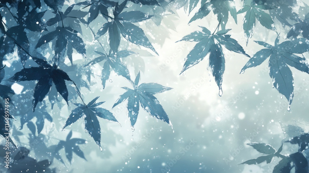 Poster tranquil scene of rain-kissed maple leaves, soft light filtering through branches, creating a serene