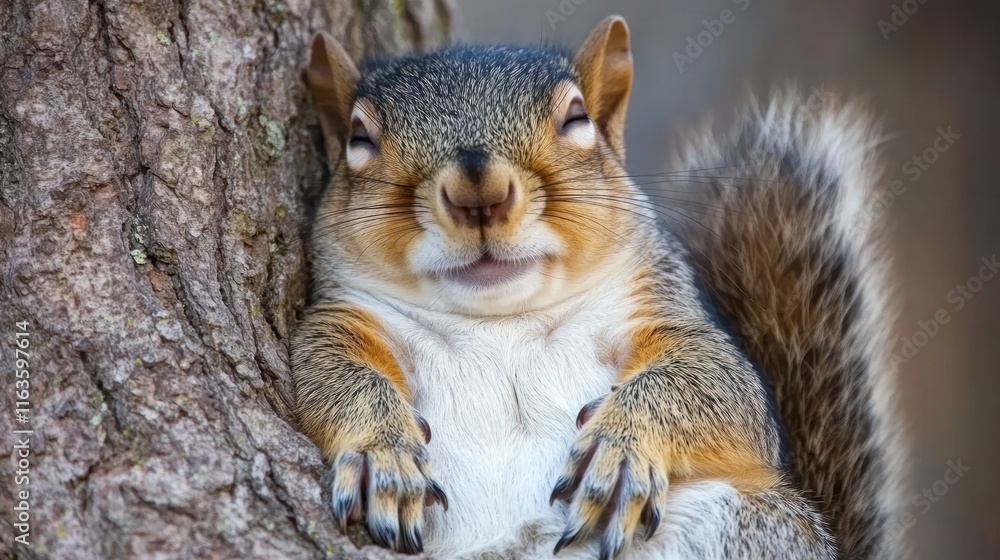 Poster a chubby squirrel resting contentedly against a tree trunk, appearing happy and relaxed.