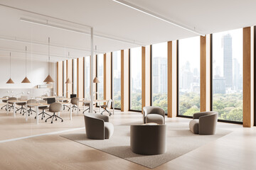 Modern open-space office with city view, large windows, and minimalistic design concept. 3D...