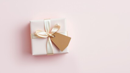 A delicately wrapped gift box with a pale pink hue and a soft beige ribbon, featuring a blank tag