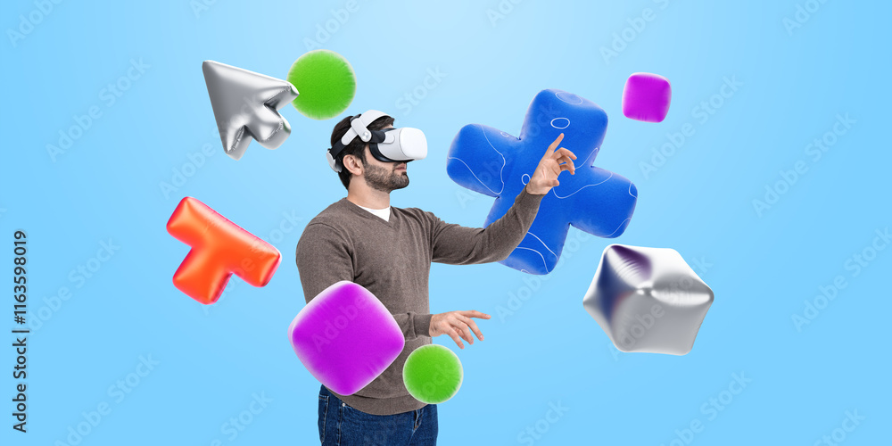 Poster man interacting with virtual objects through vr headset on blue