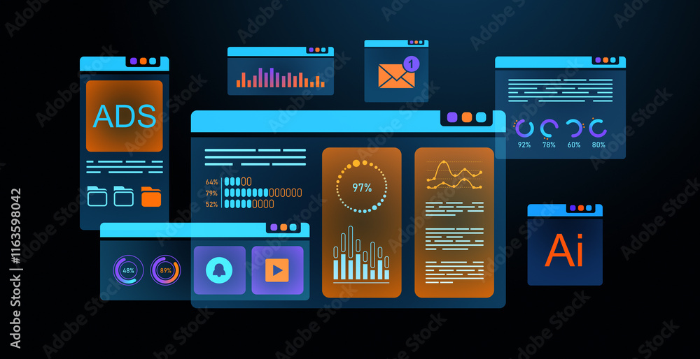 Poster digital dashboard interface with analytics and ads on a dark background. 3d rendering