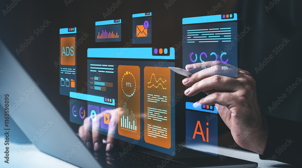 Poster digital dashboard with analytics displayed on screen, hands interacting with data.