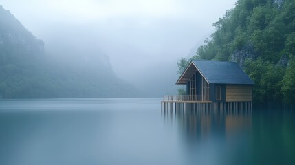 Fototapeta premium Misty lake serene wooden house.