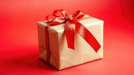 Obraz premium A thoughtfully wrapped gift box with a vibrant red ribbon, perfect for a special occasion