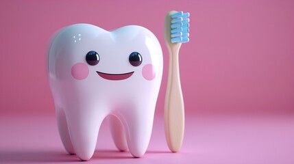 A happy tooth character with a toothbrush, promoting dental care on a pink background.
