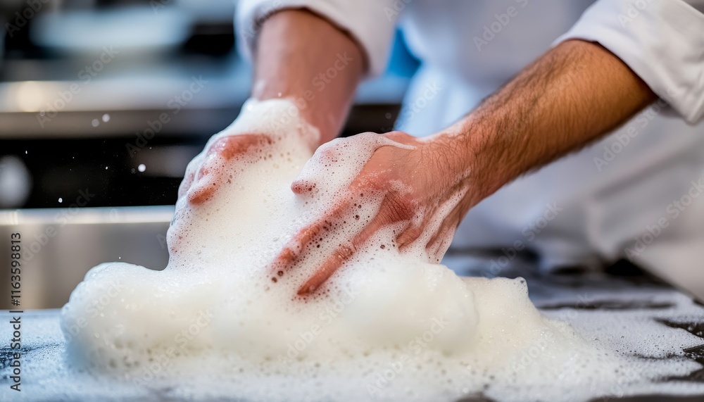 Poster lathering up hands create sudsy foam while washing dishes, close up with room for text