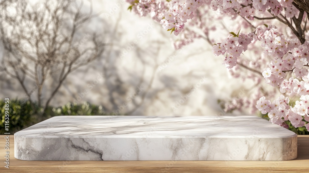 Poster white marble platform on wooden surface with blurred background of blossoming cherry tree branches.