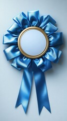 Blue ribbon award showcasing elegance and creativity with a round mirror center perfect for recognition celebrations and achievements