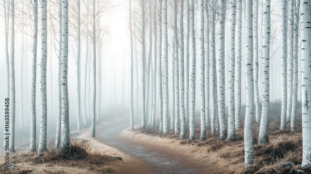Poster misty path through a birch forest.