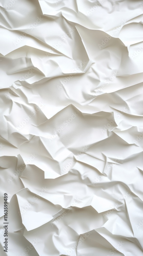 Poster crumpled white paper texture with dynamic folds and creases, providing a unique backdrop for creativ