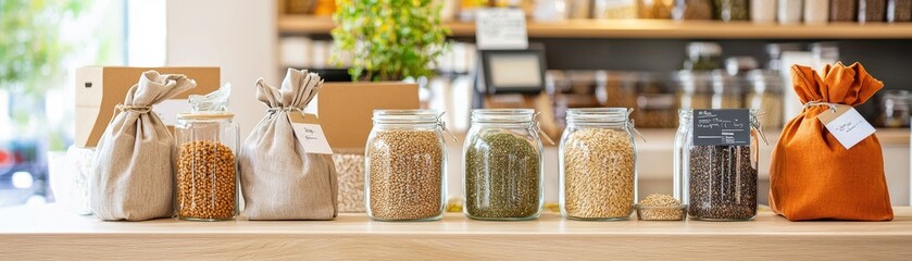 A vibrant display of jars and bags filled with various grains and seeds, showcasing a natural, eco-friendly market aesthetic.