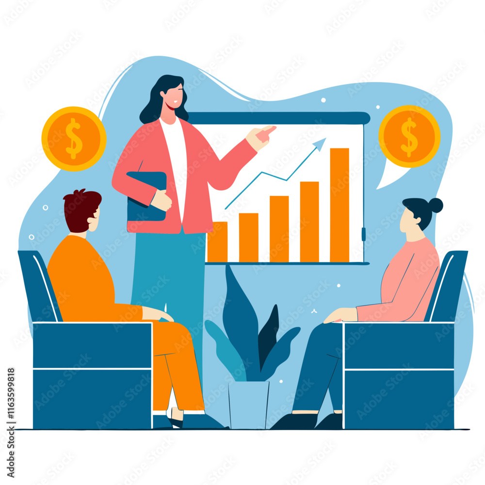 Poster ai-generated businesswoman presenting financial growth data in office setting dynamic graphics profe