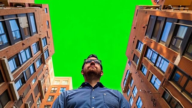 Man surrounded by tall buildings with a green chroma key background