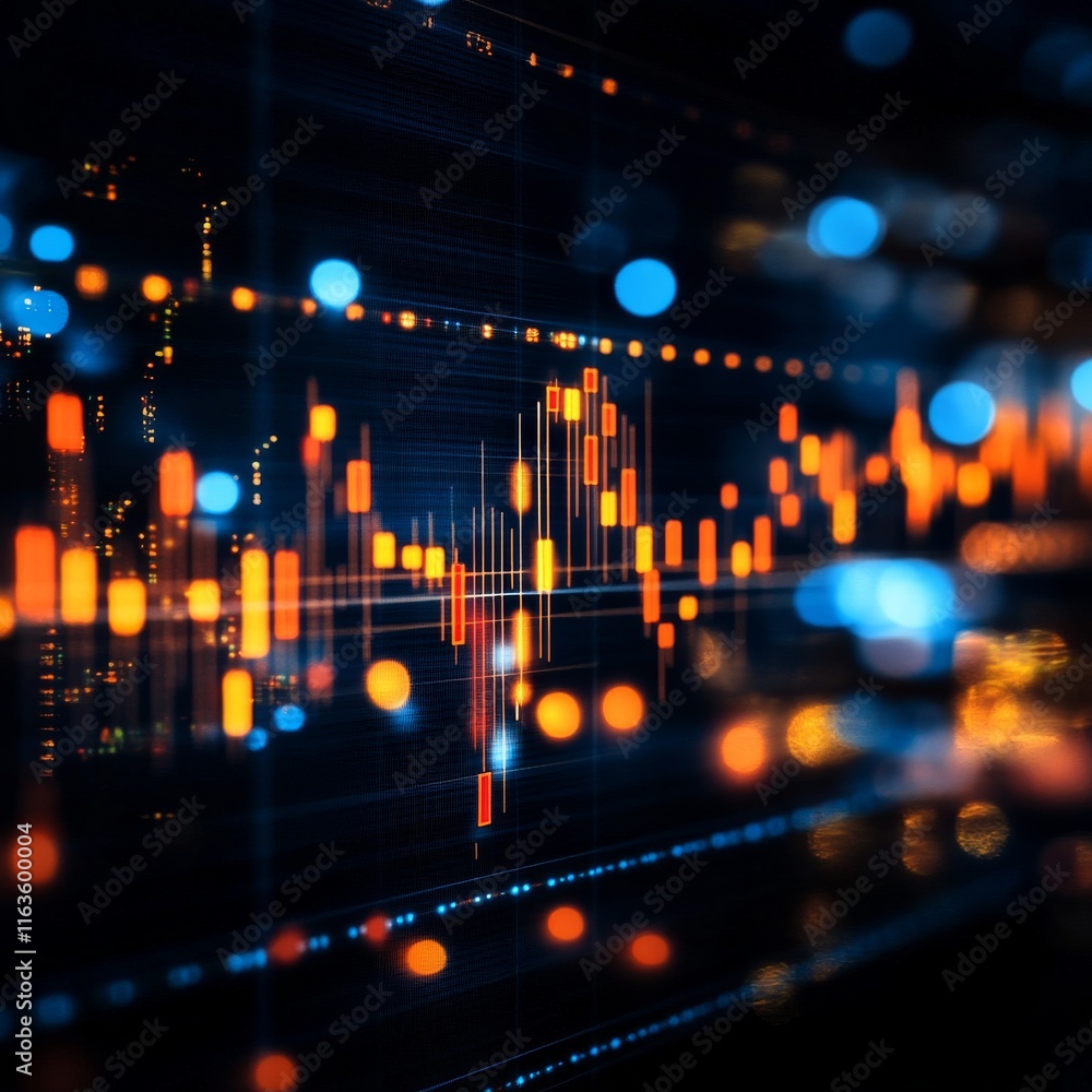 Poster dynamic digital financial data representation with vivid light patterns and stock market indicators 