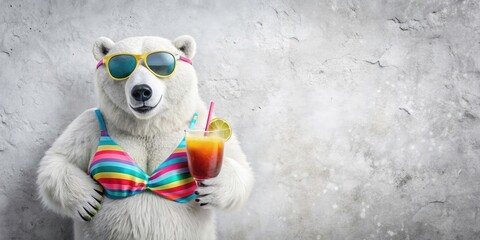 Summer Fun with an Anthropomorphic Ice Bear in Sunglasses and Bikini Enjoying a Cocktail â€“ Perfect for Holiday-Themed Designs and Promotions