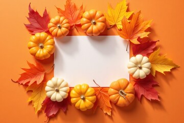 Autumn Decorations with Pumpkins and Colorful Leaves on Orange Background