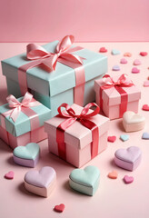 Assorted Pastel-Colored Gift Boxes and Heart-Shaped Decorations on a Soft Pink Background