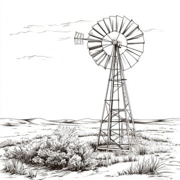 Vintage windmill sketch in arid landscape.