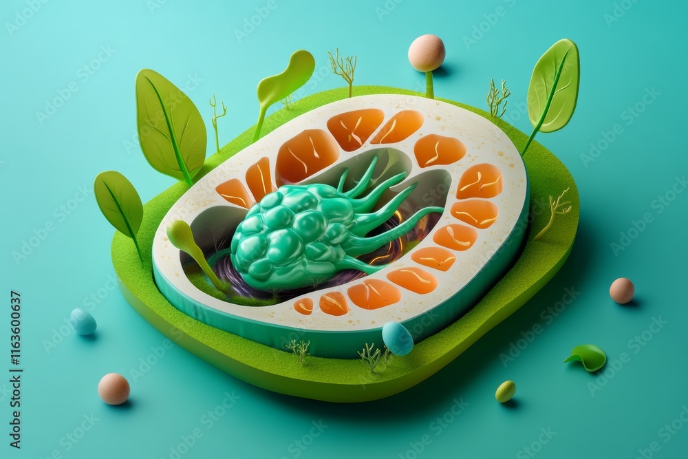 Poster artistic 3d render of a cell's intricate structure in a lush, miniature landscape