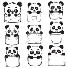 Obraz premium cute panda peeking from pocket silhouette, vector illustration 