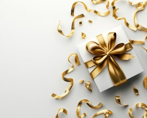 Festive white gift box adorned with a gold ribbon and surrounded by shiny gold confetti, perfect for celebrations.