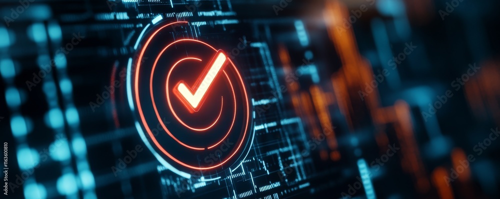 Poster futuristic digital check mark symbolizing validation in technology and digital processes, showcasing