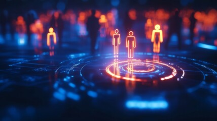 Futuristic digital landscape showcasing human figures and data flow in a vibrant, glowing interface representing connectivity.