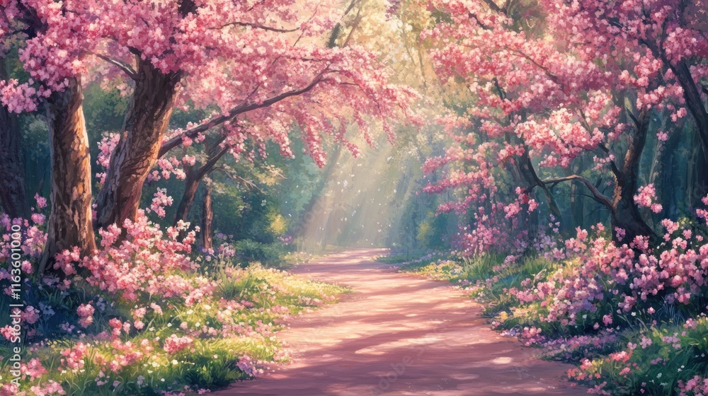 Poster sunlit path through a magical forest with pink blossom trees.