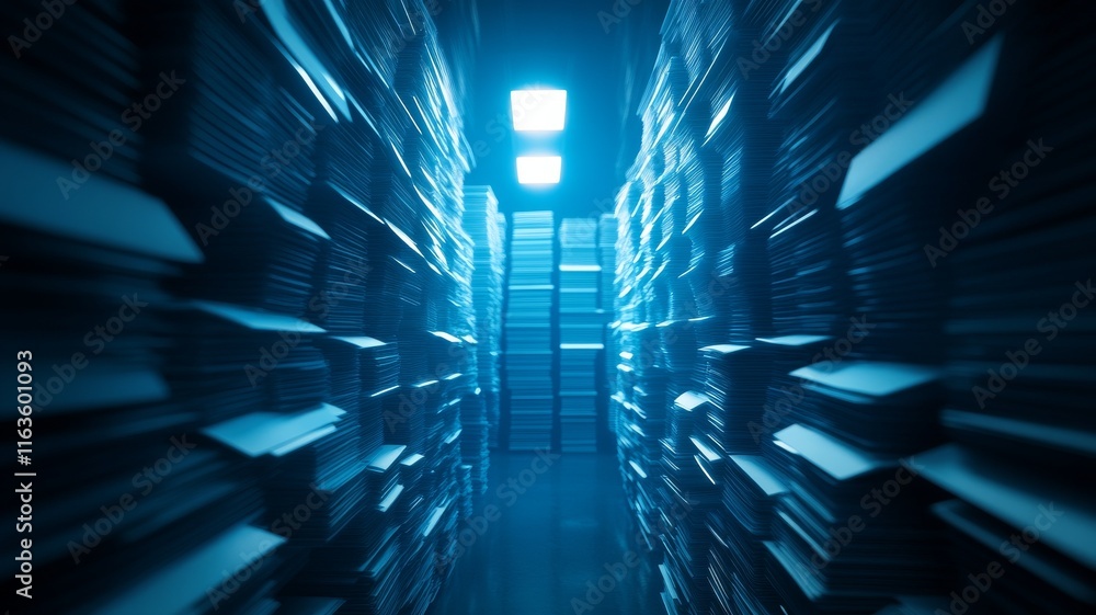 Poster futuristic storage facility showcasing rows of glowing data files with a blue hue, emphasizing techn