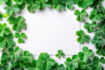 White card surrounded by vibrant green shamrocks, forming a frame. Ideal for St. Patrick's Day or spring themes.