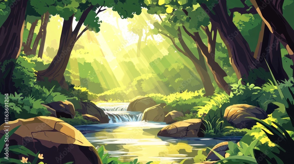 Poster sunlit stream flows through lush green forest, sunlight beams through trees illuminating calm water.