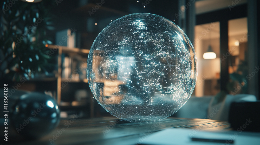 Poster digital globe with glowing connections displayed on a wooden table in a modern workspace