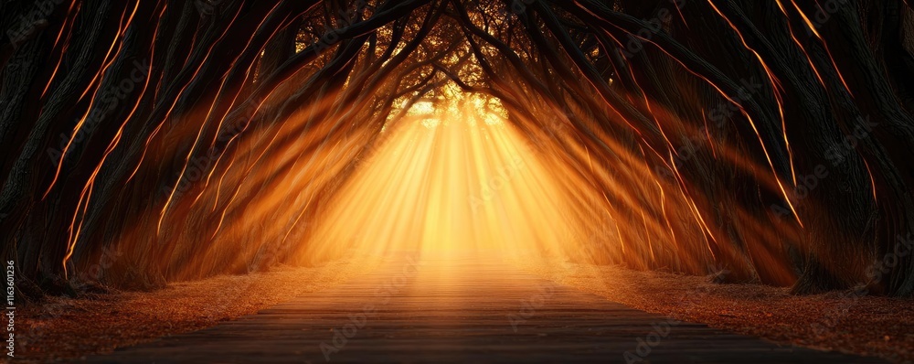 Poster mystical trees concept. a serene forest path illuminated by soft golden light filtering through tree