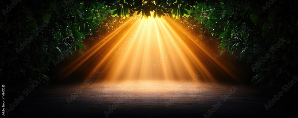 Poster mystical trees concept. sunlight streaming through foliage, creating a serene, illuminating forest a