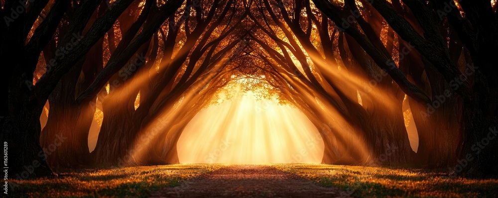 Poster mystical trees concept. a tranquil forest pathway illuminated by golden sunlight filtering through t