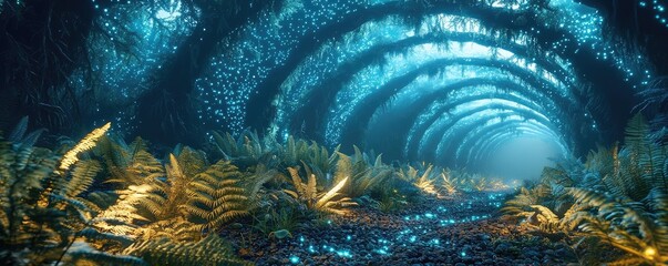 Obraz premium Mystical biodiversity idea. A serene underwater scene showcasing vibrant ferns and soft glowing lights.
