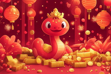 Naklejka premium A cute red snake with large eyes and a friendly expression.