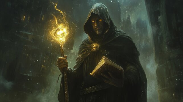 A hooded sorcerer holds a glowing staff and ancient book in a dark city.