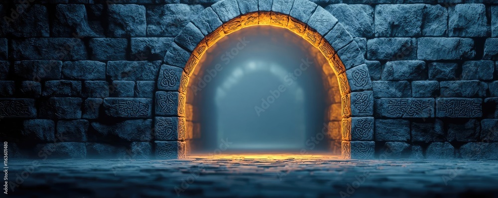 Poster mystical serene idea. a mysterious stone archway illuminated by soft light, leading to an unknown re