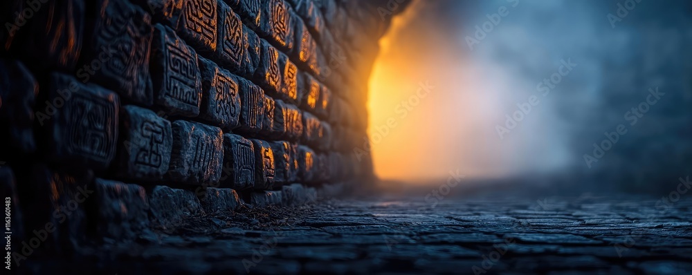 Poster mystical serene idea. mysterious tunnel with cobblestone walls and an ethereal glow in the distance.