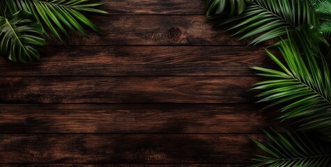Lush green tropical palm leaves frame on dark brown wooden background.