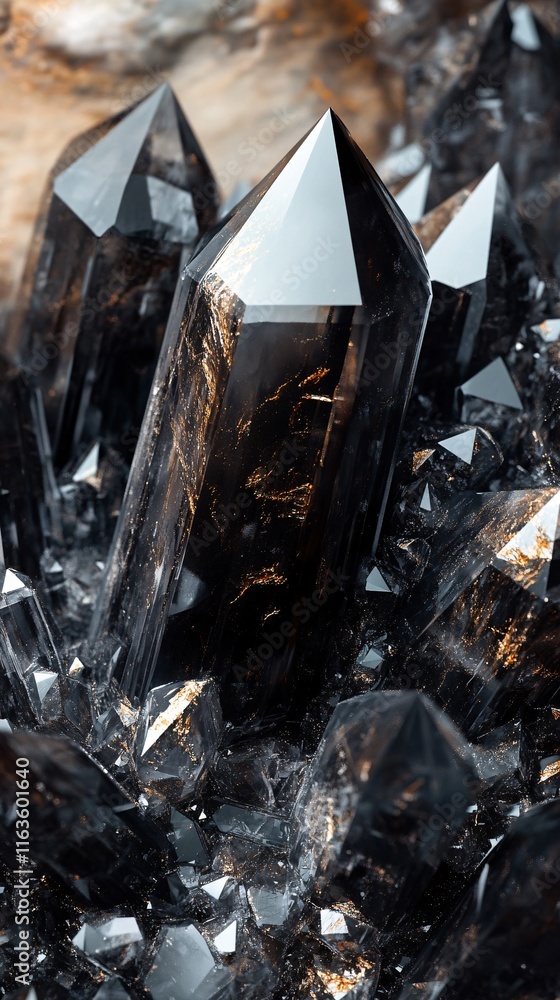 Poster stunning close-up of black quartz crystals with sharp points and intricate details, creating an ench