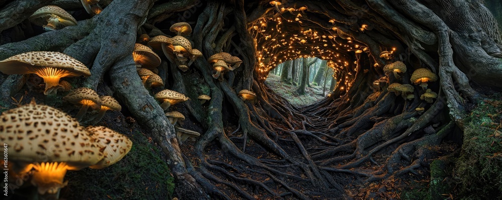 Poster mystical trees concept. a mystical forest scene featuring glowing mushrooms and twisted tree roots.