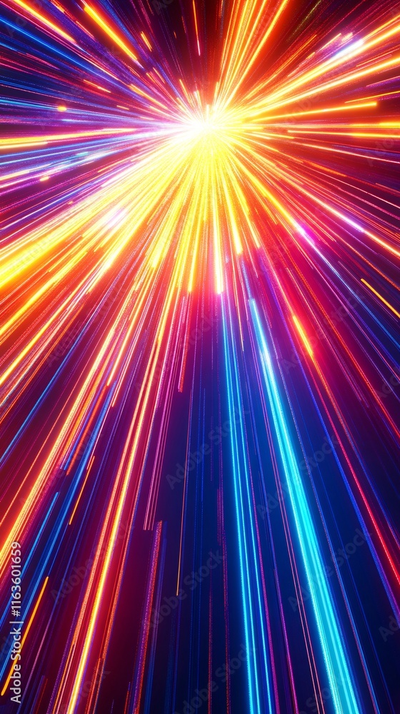 Poster dynamic burst of colorful light rays radiating outward, creating a sense of motion and energy.