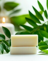 Natural soap bars surrounded by green foliage and a candle, creating a serene and eco-friendly atmosphere for relaxation.